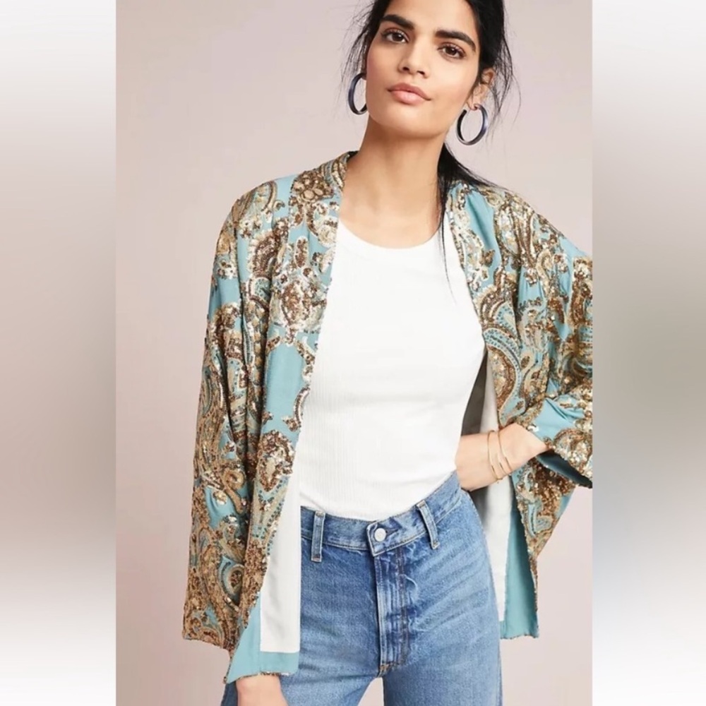 Anthropologie Ettawa Gold Sequins Blue Jacket Kimono